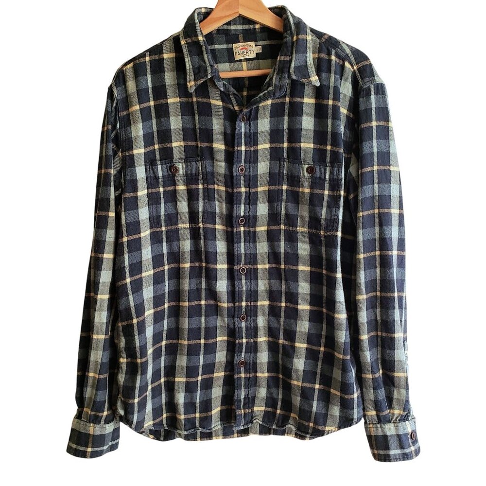 Faherty Mens Flannel Shirt L Blue Ivory Plaid Cotton Button Front